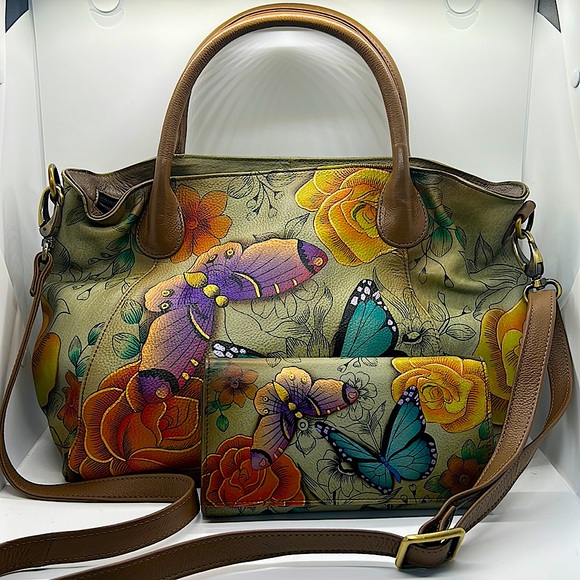 Anuschka Anna Beautiful Gray Flowers & Butterflies Shoulder Purse Bag w/ Wallet - Picture 1 of 14